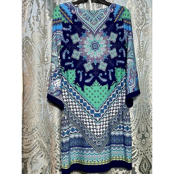 Vibrant Bohemian Mandala Shift Dress Size 6 Blue Multi Color Bell Sleeves Retro - Picture 9 of 13